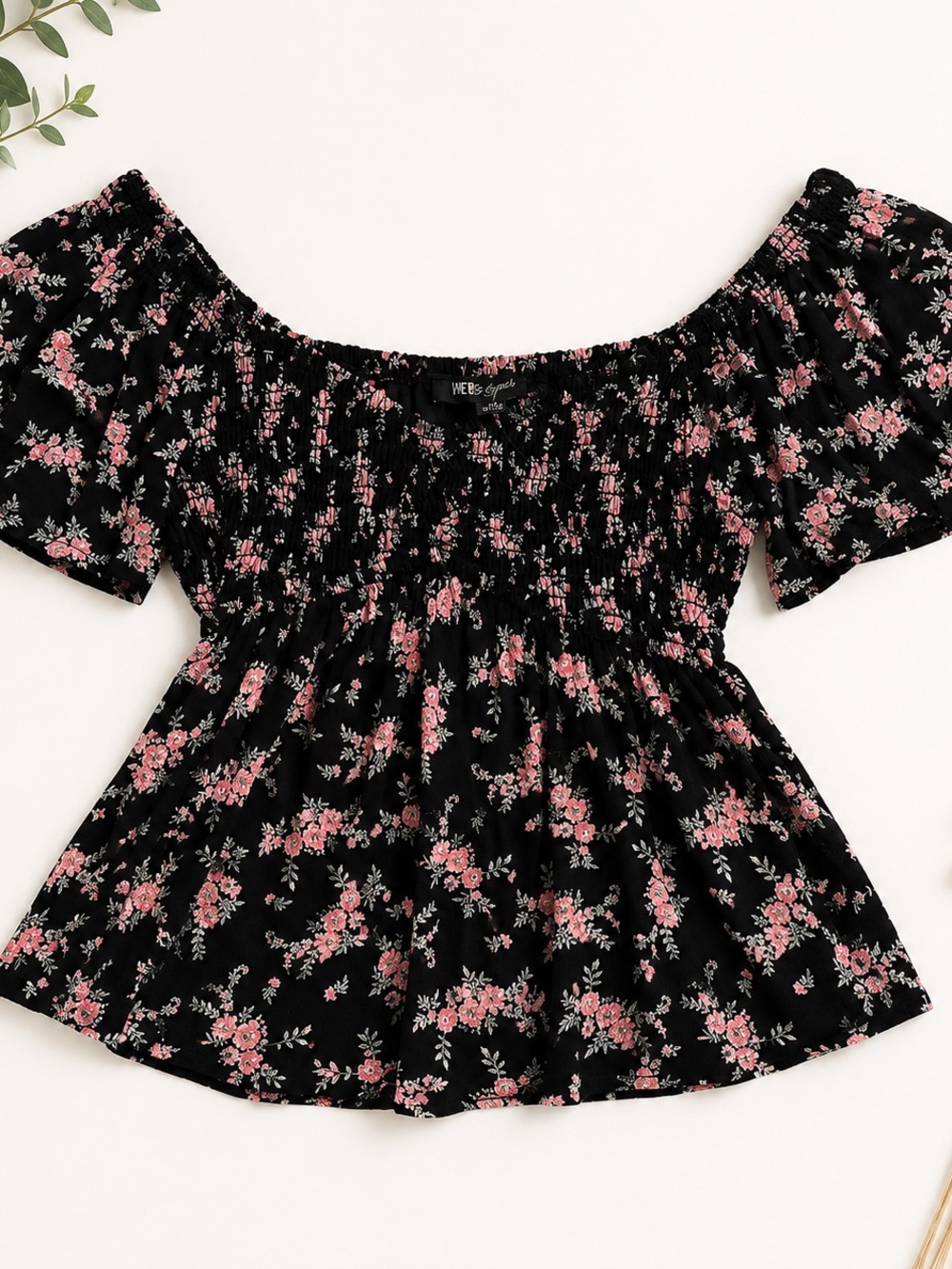 Off-Shoulder Pink Floral Smocked Peplum Top